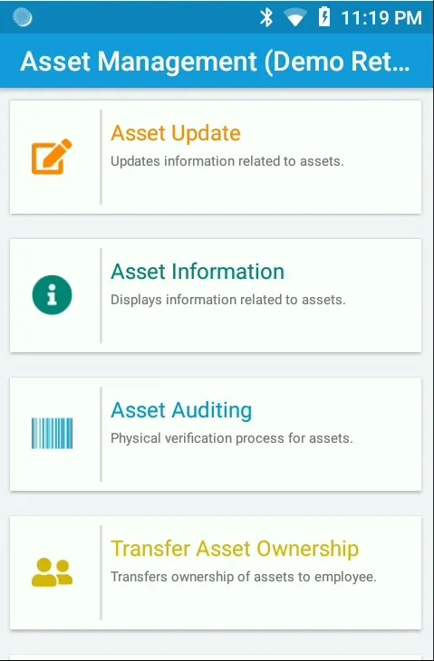 BinAssets mobile app — home screen with Asset Update, Asset Information, Asset Auditing and Transfer Asset Ownership