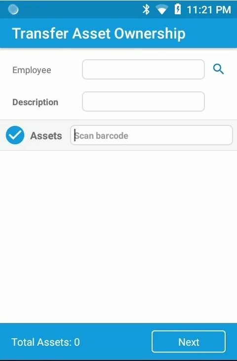 BinAssets mobile app — transfer asset ownership screen