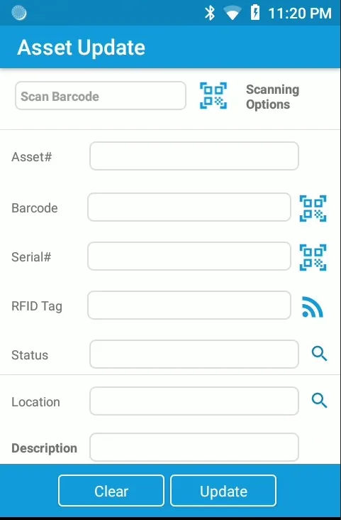 BinAssets mobile app — asset update screen with barcode scanning