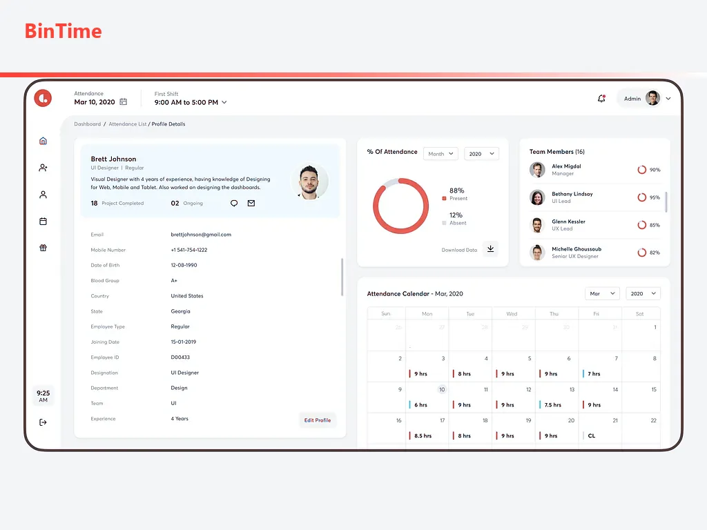 BinTime employee attendance profile dashboard with attendance percentage and team members