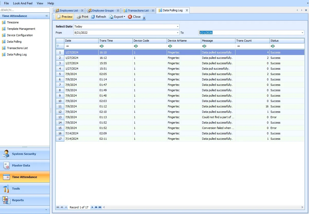BinTime data pulling log — audit trail of every data pull with success or error status