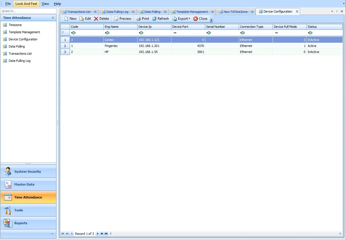 BinTime device configuration — connected time devices by IP and connection type