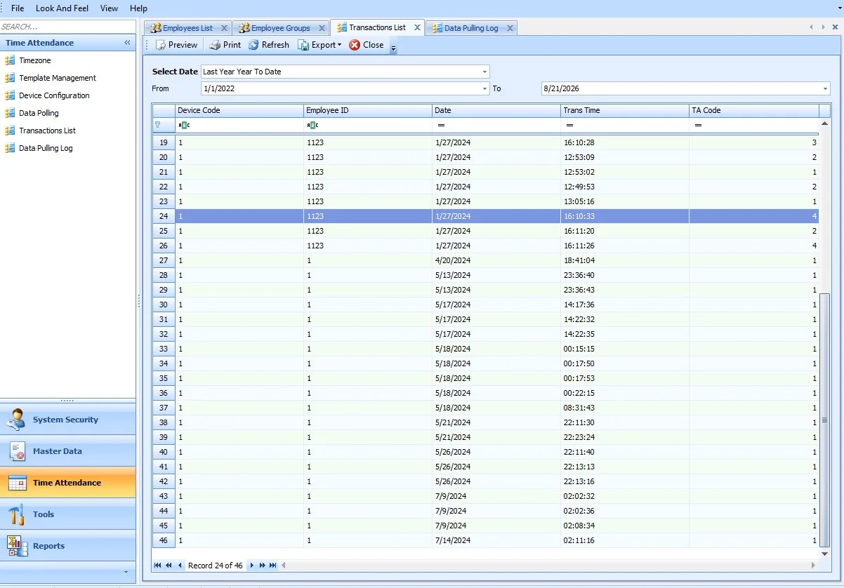 BinTime transactions list — clock-in and clock-out events by employee and device