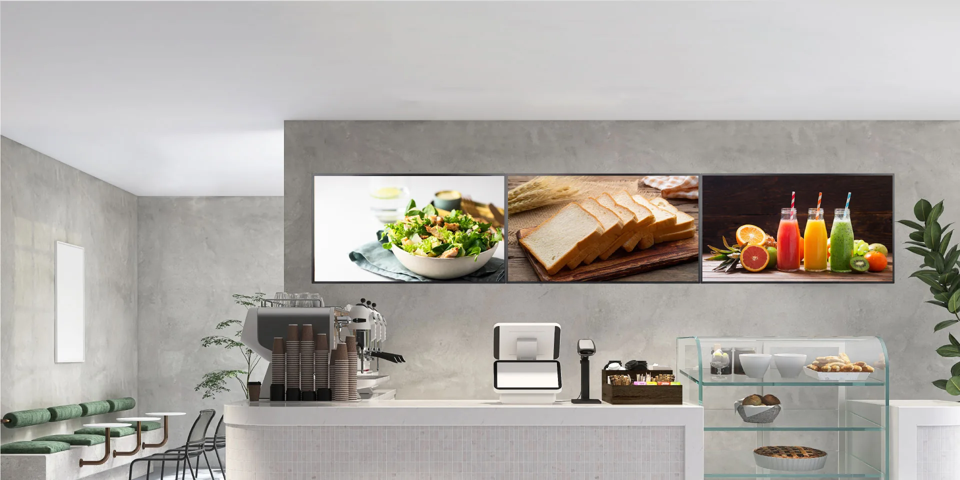 Digital Signage — multiple in-store screens showing live menu content