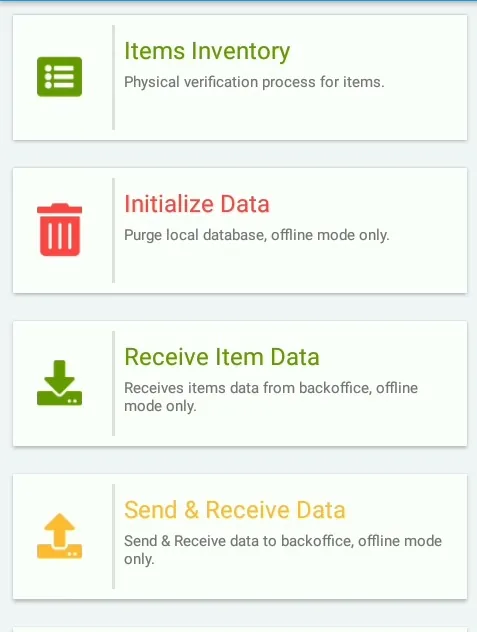Inventory Management mobile app — home menu with offline sync options